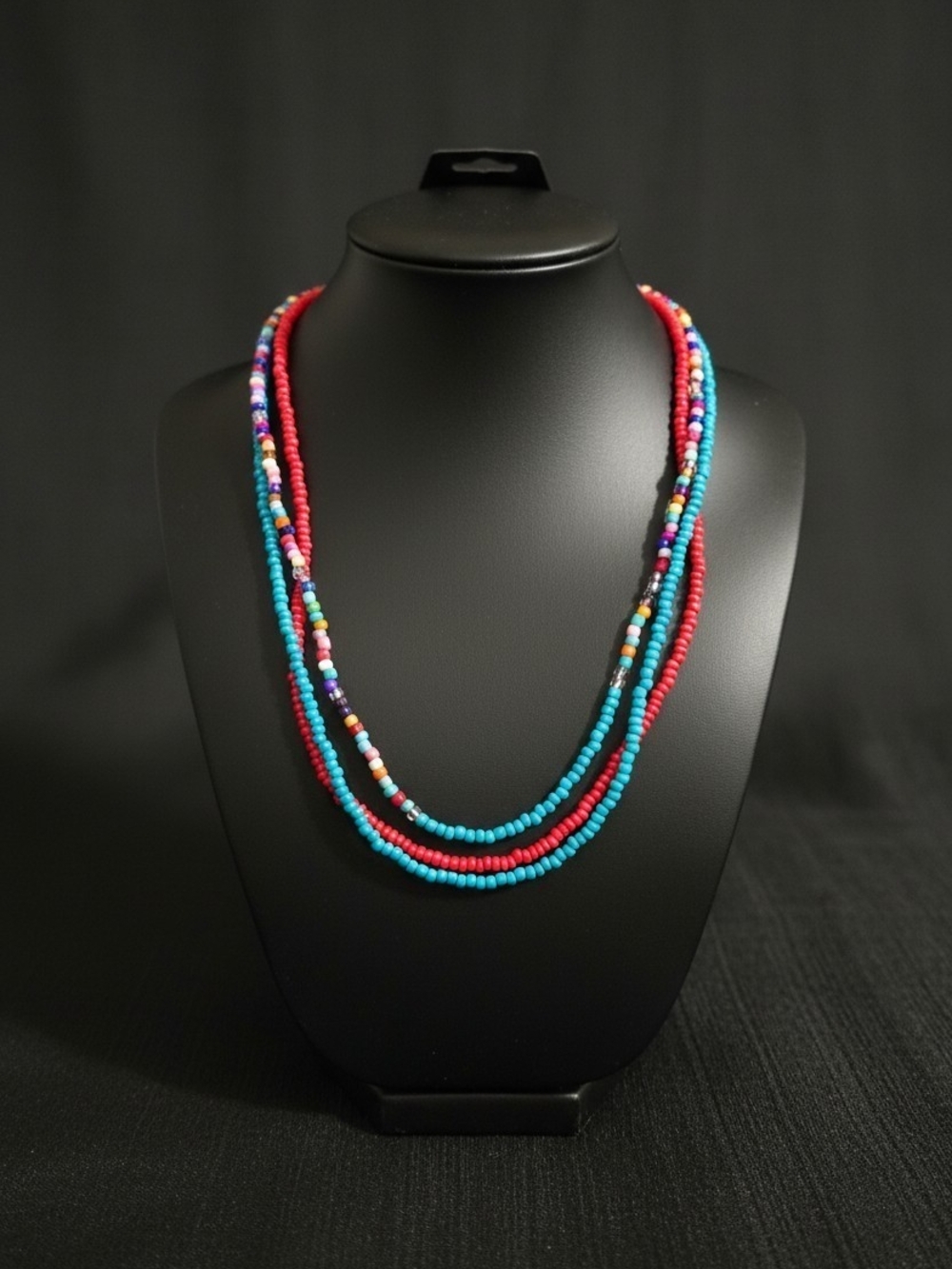 Layered Turquoise and Red Seed-Bead Necklace